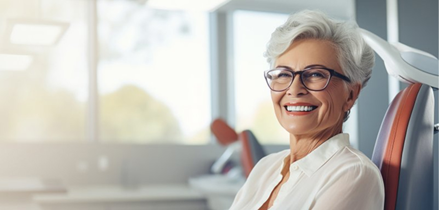 Older woman smiling with dentures in Grand Prairie 