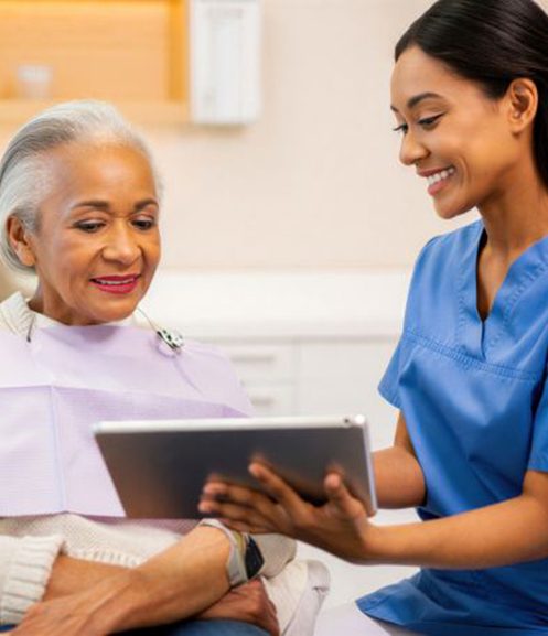 Dentist and senior patient looking at tablet together