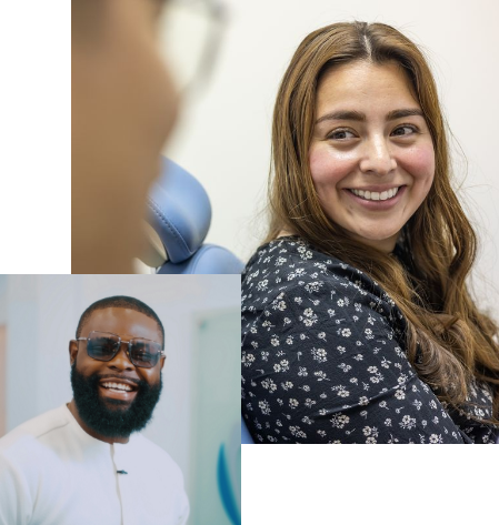 Smiling man in the dental chair looking at his teeth in a mirror